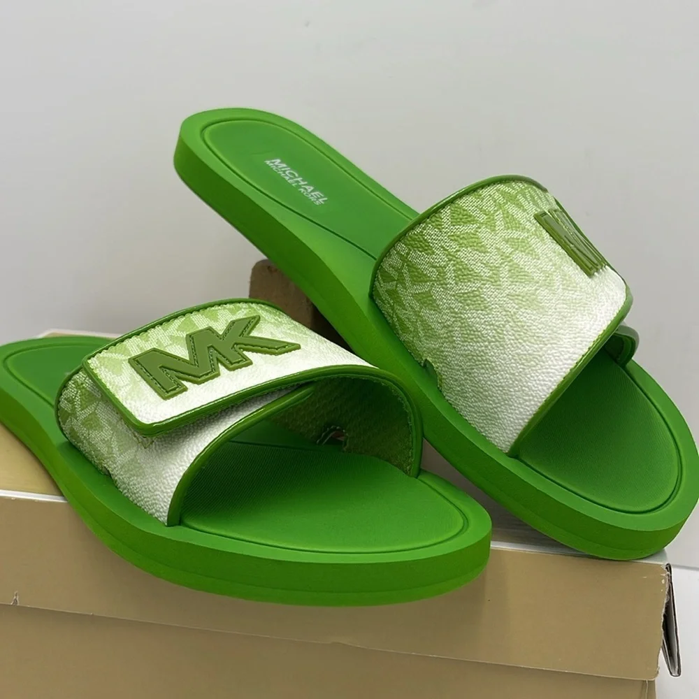 Michael Kors Green Slide Logo Sandals Palmer Ombré Signature Jungle Green  NWT